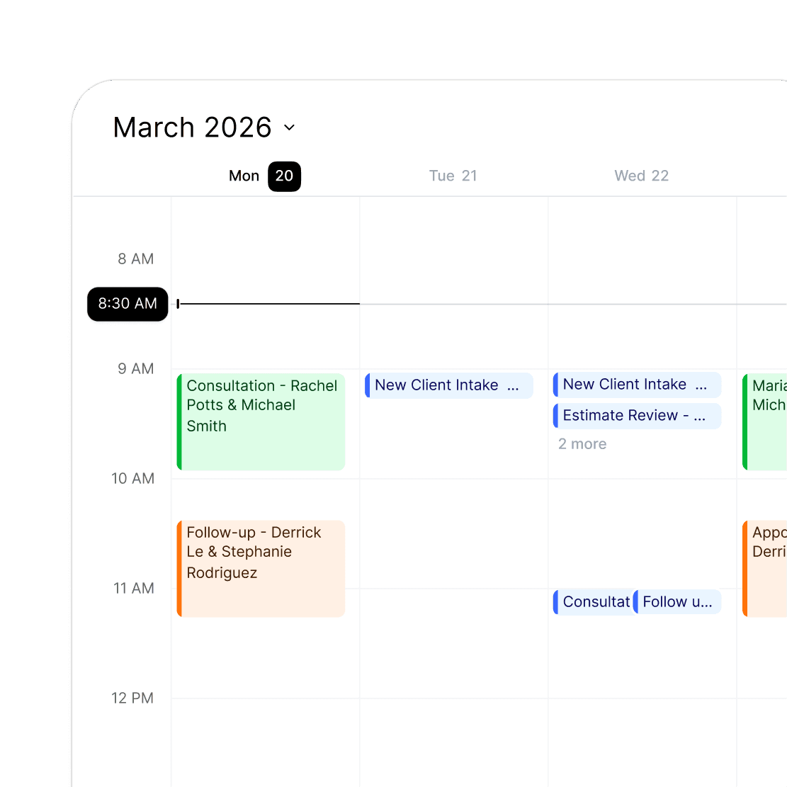 Calendar grid with appointments booked by the AI receptionist